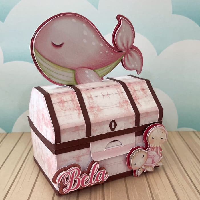 ✨ Caixa Baú Luxo - Fundo do Mar Rosa, Menina, Aquarela - Papelaria Personalizada - Lembrancinha de Festa