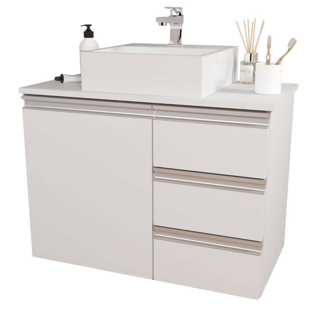 Gabinete Banheiro 70cm MDF Branco Balcão com Tampo e Cuba de Apoio Armário Com Fundo