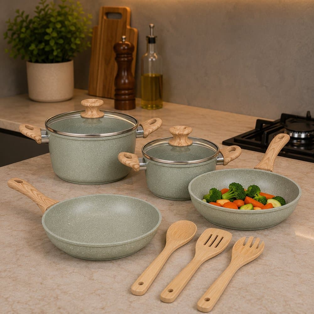 Kit 4 Panelas Cerâmico Antiaderente e 3 Utensílios Cozinha Aquecimento Uniforme Todos Tipos Fogão - Cinza - Fratelli