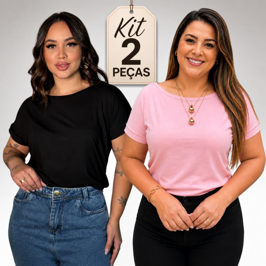 kit 2 Blusa Feminina Gola Canoa Manga Curta Básica Premium Confortável Casual Elegante