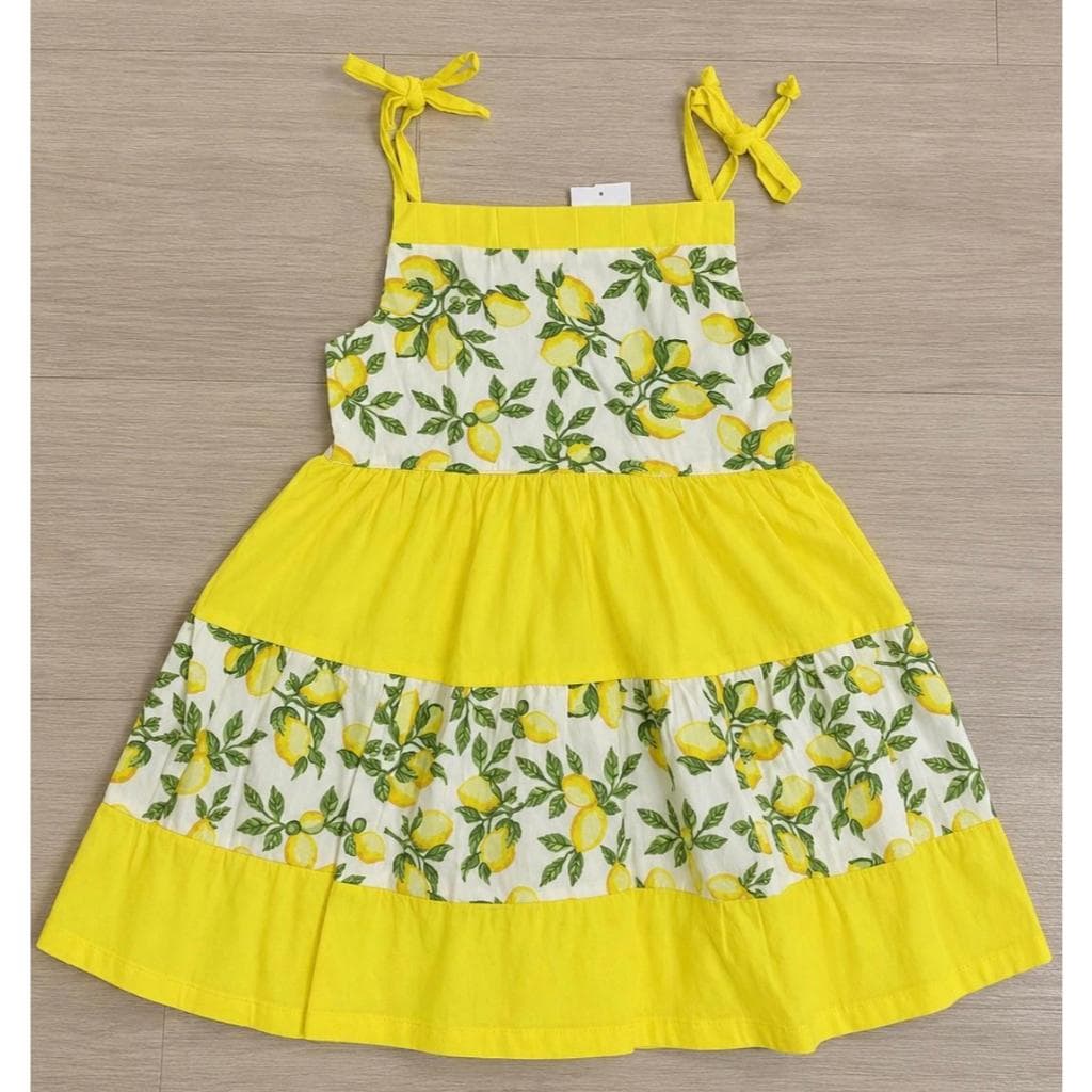Vestido Infantil Amarelo Estampa Limões com Alças de Amarrar