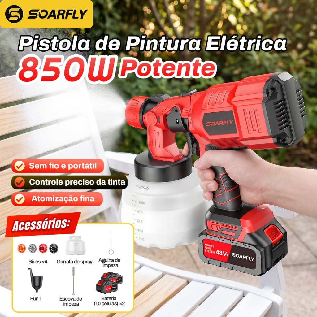 Pistola De Pintura Recarregável 2 Baterias  Profissional Pulverizador De Tinta 1200ml 850W