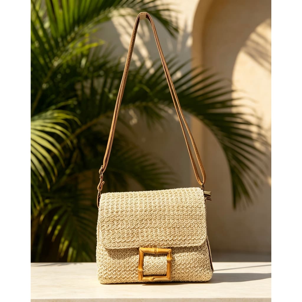 Bolsa de Palha Feminina com Fivela de Bambu, Alça Ajustável Transversal Estilo Verão
