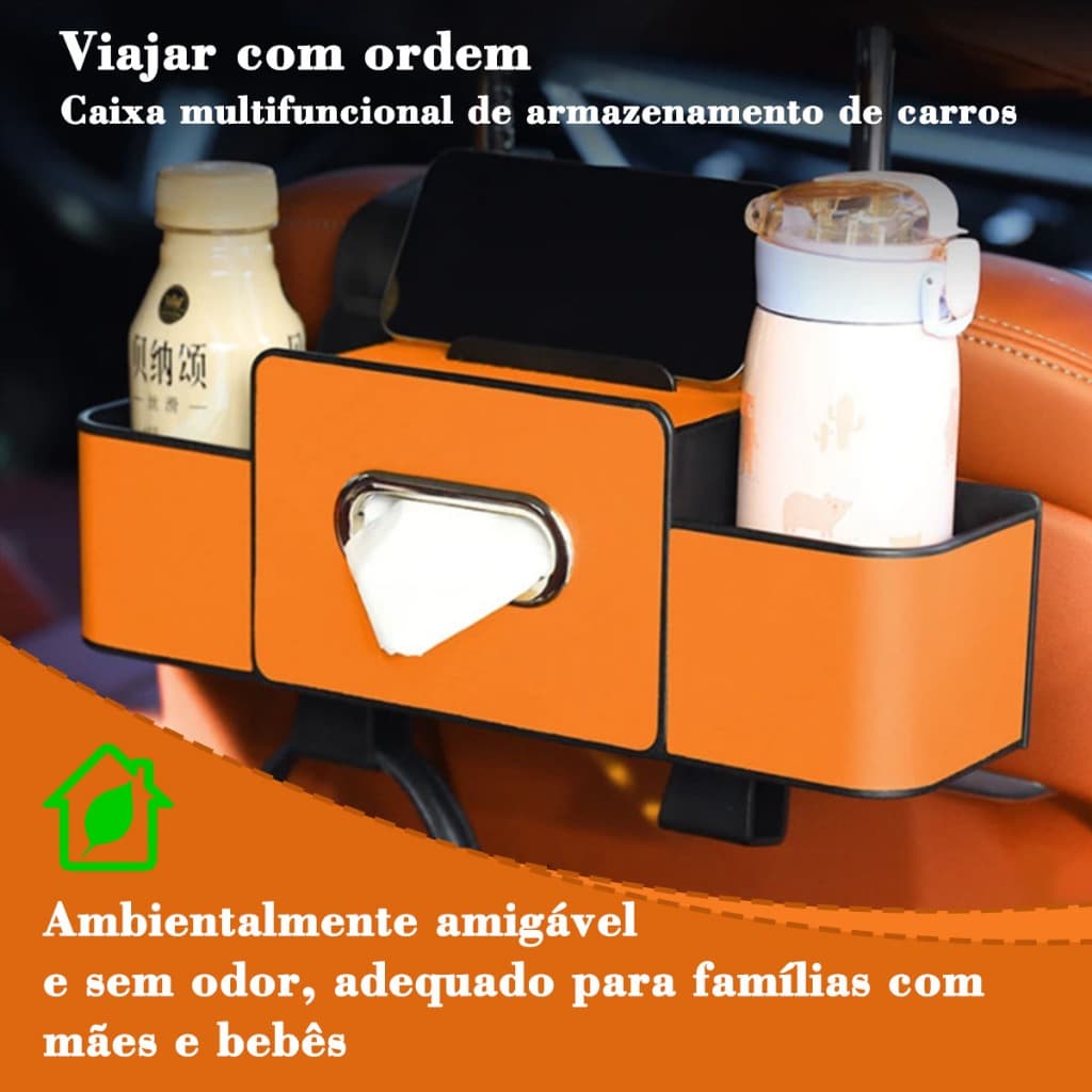 Organizador Multifuncional para Carro, Couro Resistente + ABS, com Porta Copo, Porta Lenço e Gancho