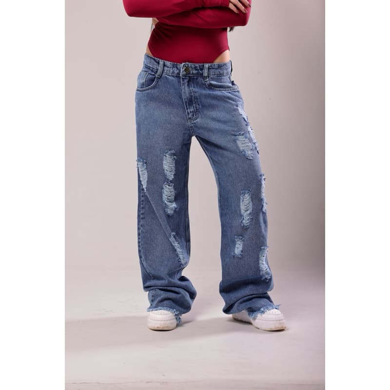 Calça Jeans Feminina Wide Leg Destroyed Cintura Média Barra Desfiada