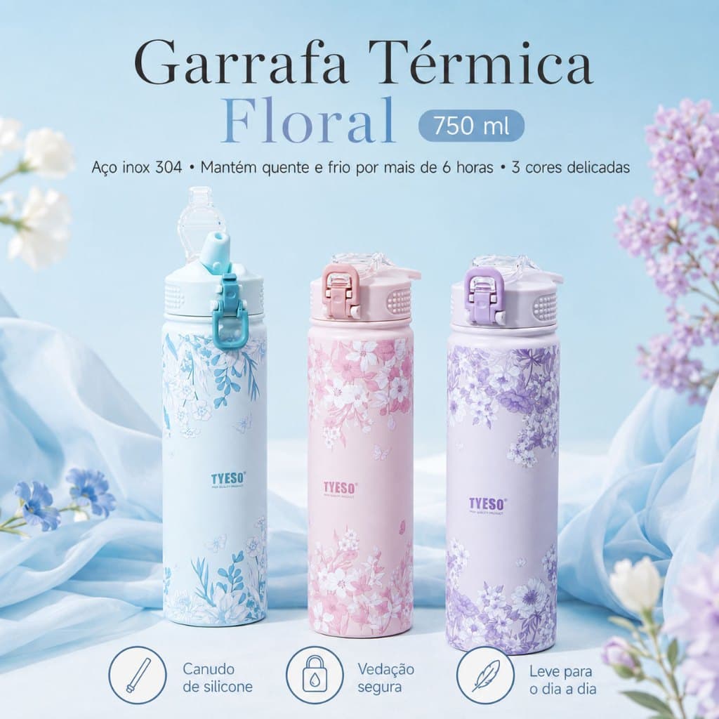 Garrafa Térmica TYESO Estampa Floral 750ml Inox 304 com canudo, anti vazamento para rotina diária