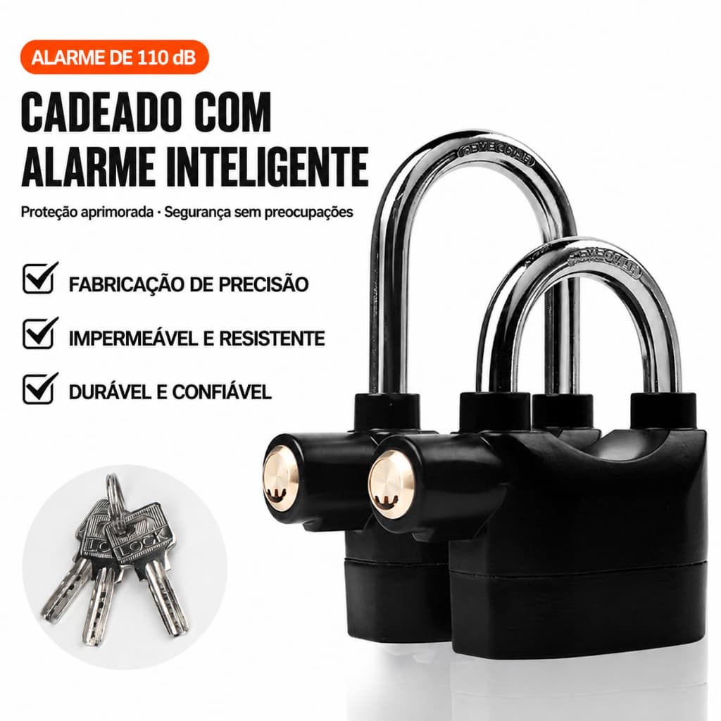 Cadeado Inteligente com Alarme 110dB Antifurto com Sensor de Vibração Haste Reforçada 10mm para Moto Portão Garagem