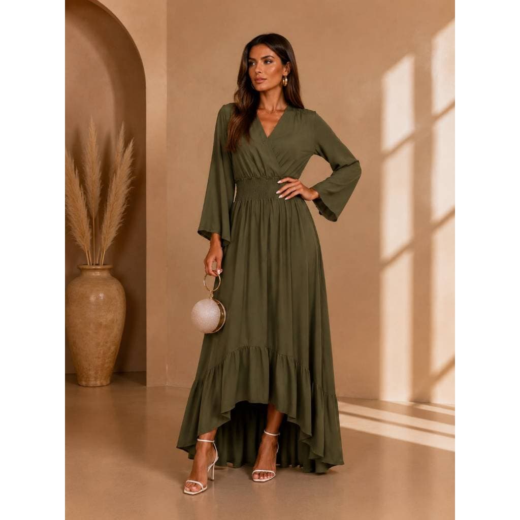 Vestido Sheila Longo Feminino em Malha Fluity Verde Militar com Manga Flare e Cintura Lastex