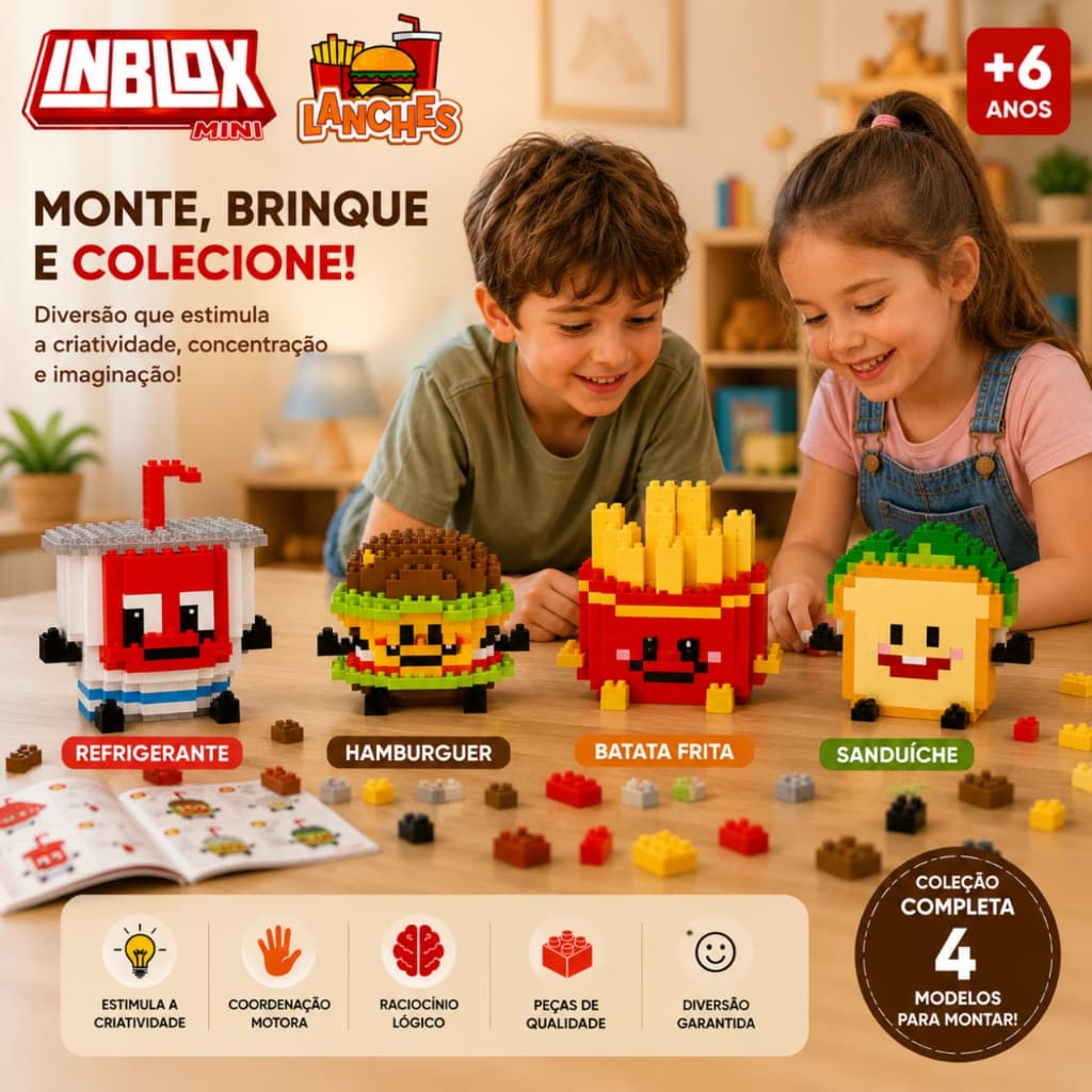 Blocos de Montar INBLOX Mini Lanches Infantil Colecionável Hambúrguer Batata Frita Refrigerante ou Sanduíche +6 Anos