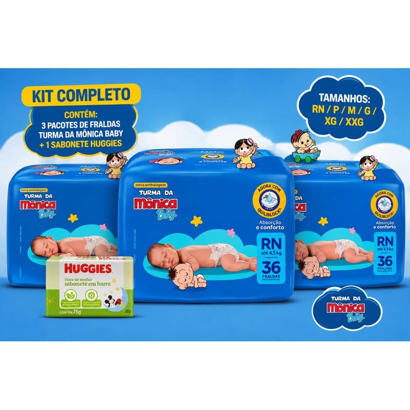 Kit 3 pacotes fralda Turma da Mônica Baby - RN/P/M/G/XG/XXG
