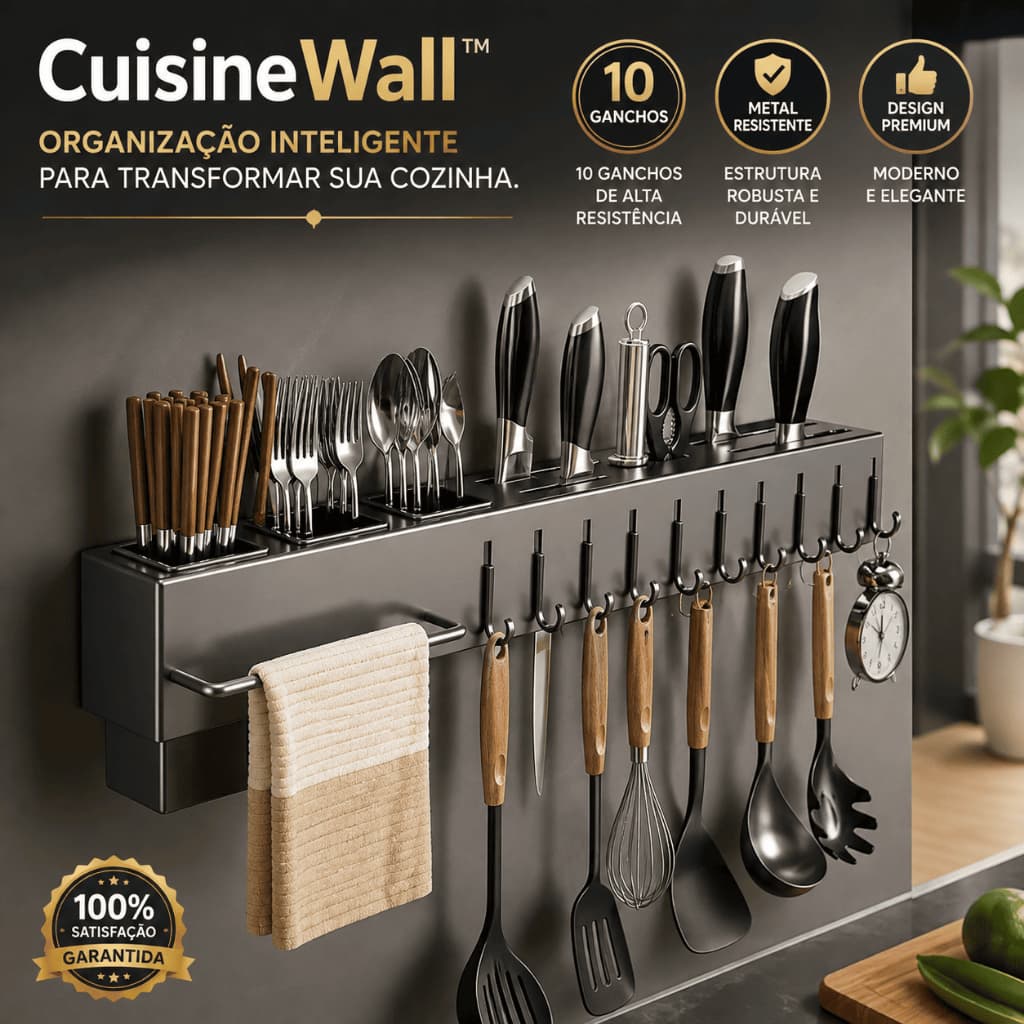 Suporte Organizador de Utensílios de Cozinha 10 Ganchos em Metal CuisineWall™ | Porta Utensílios de Parede
