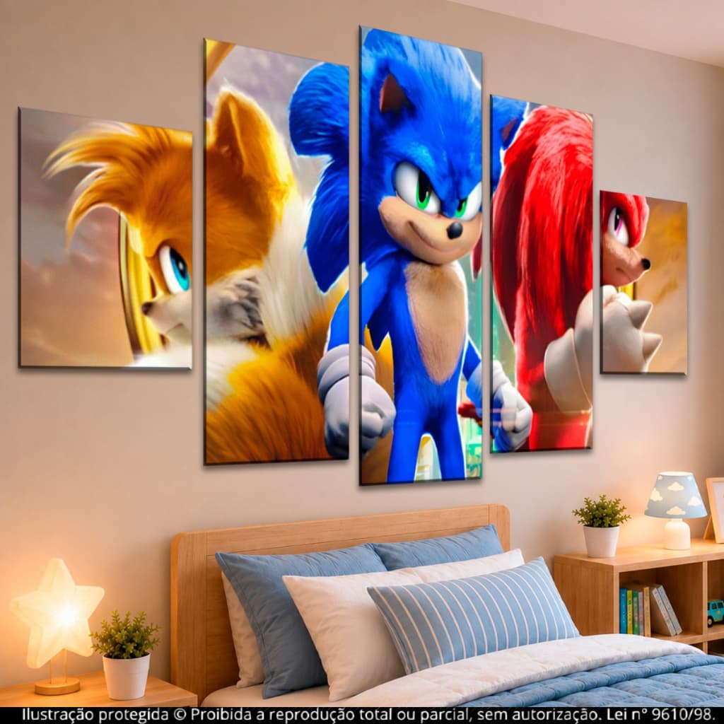 Kit Quadros Decorativos Mosaico 5 Peças Sonic Tails Knuckles Infantil Gamer Quarto Menino Sala