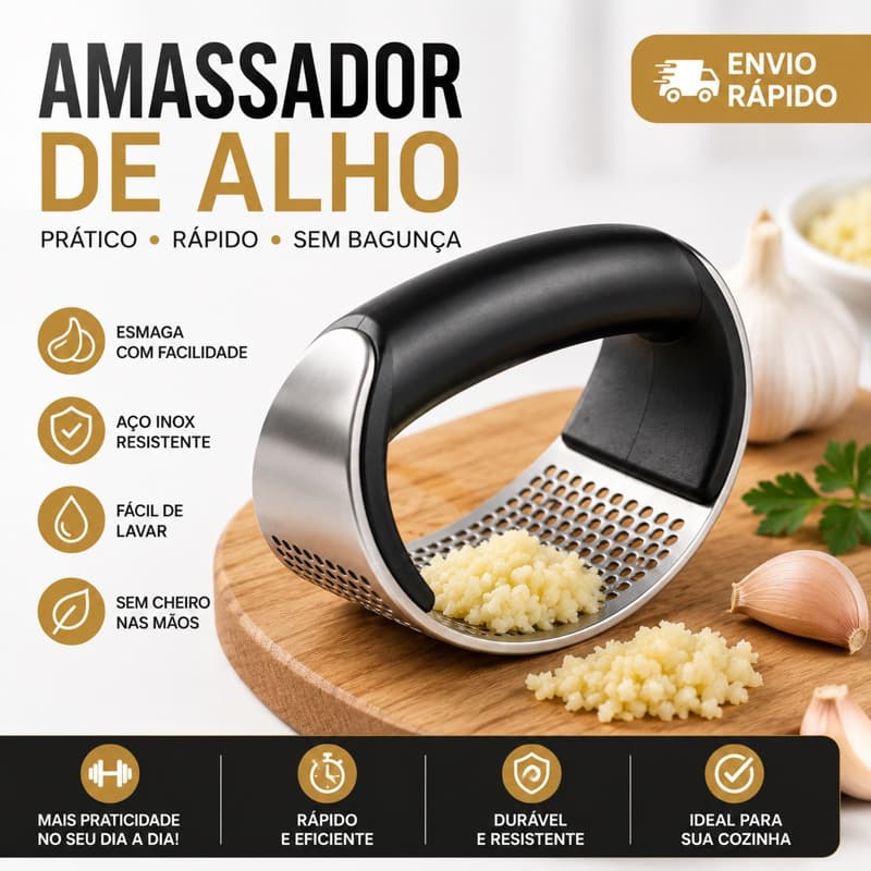 Amassador de Alho Inox Manual Espremedor Triturador de Alho Profissional Ergonômico Fácil de Limpar Cozinha