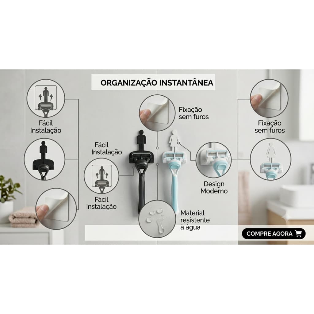 Suporte para Lâmina de Barbear Parede com Fita 3M Organizador Banheiro Barbeador Masculino Feminino