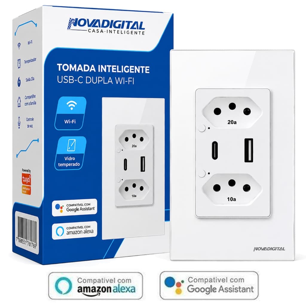Tomada Inteligente Dupla com 1 Tomada de 20a e Outra de 10a + 2 USBs  Nova Digital Compatível Alexa