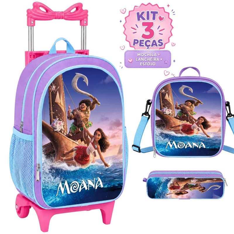 Kit Mochila Infantil Rodinha Feminina Moana 2 + Lancheira Termica + Estojo Completo