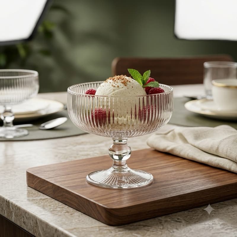 Jogo 6 Taças Sobremesa Vidro Trabalhado 257ml Elegante Estilo Canelado Para Sorvete Doces Pavê