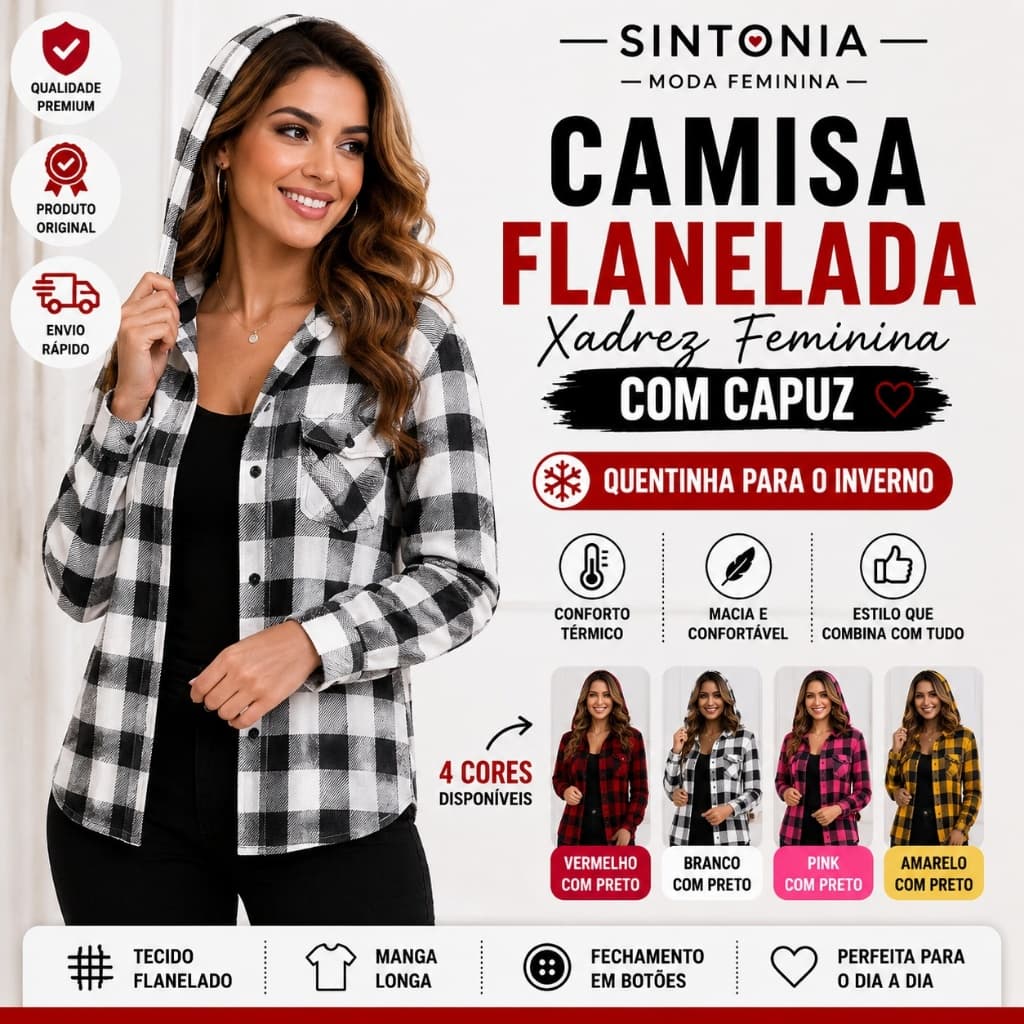 Camisa Feminina Flanelada Xadrez Quentinha com Capuz Manga Longa Casual