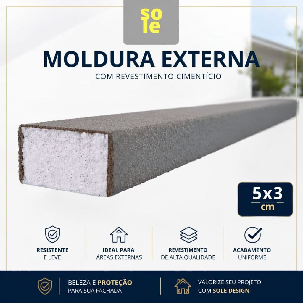 Moldura Externa Isopor (EPS) com Revestimento Cimentício 5x3 Cm (KIT 10 metros/unidades) - Fachada Externa