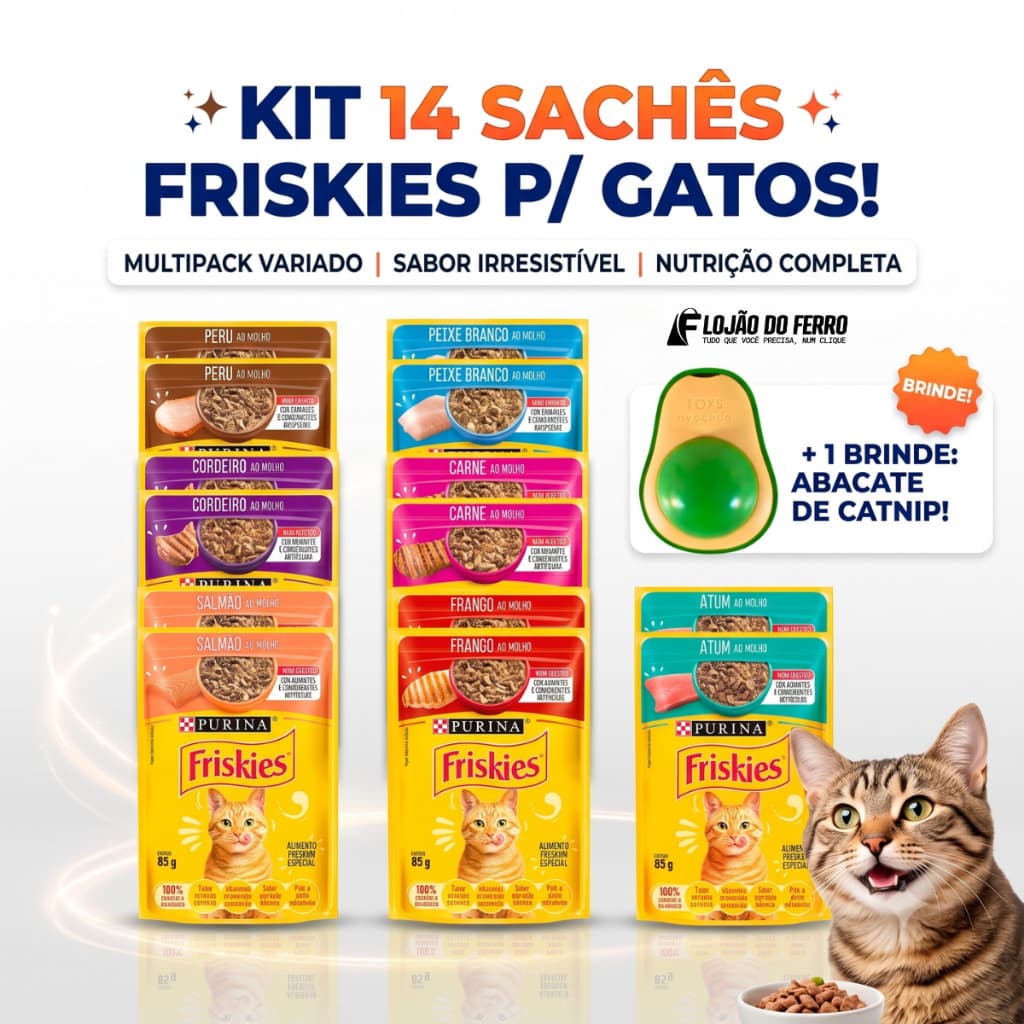 Kit 14 Friskies Sachê Ao Molho Gatos Sabores Variados + Abacate de Catnip