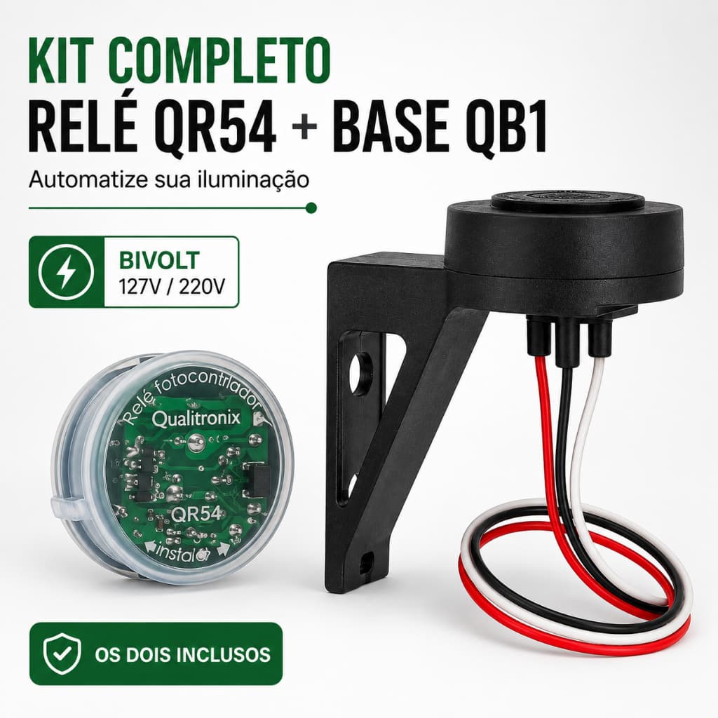 Relé Fotocélula Com Retardo Qualitronix QR54 +Base QB1 Bivolt Área Externa Pronto P/Instalação