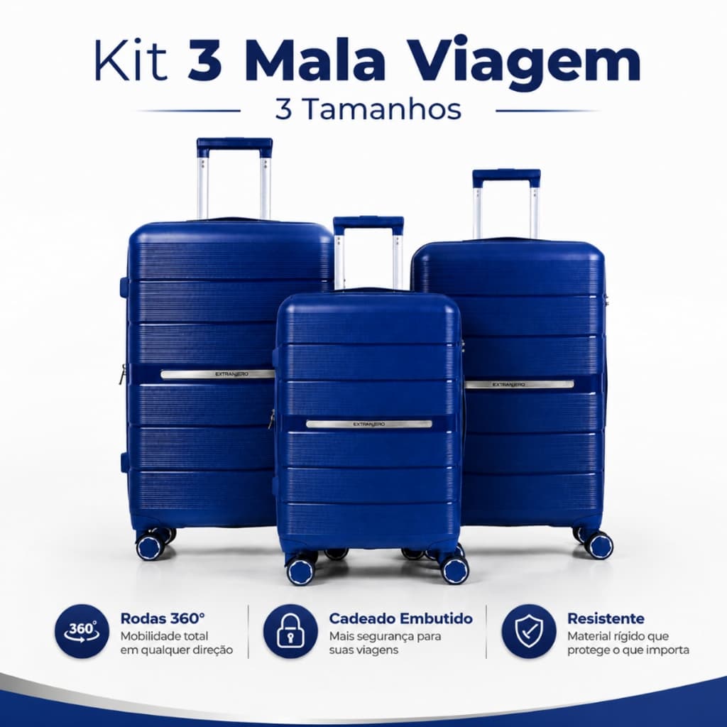 Kit 3 Malas Viagem | Polipropileno P M G Giro 360° Cadeado Segurança Alta Durabilidade