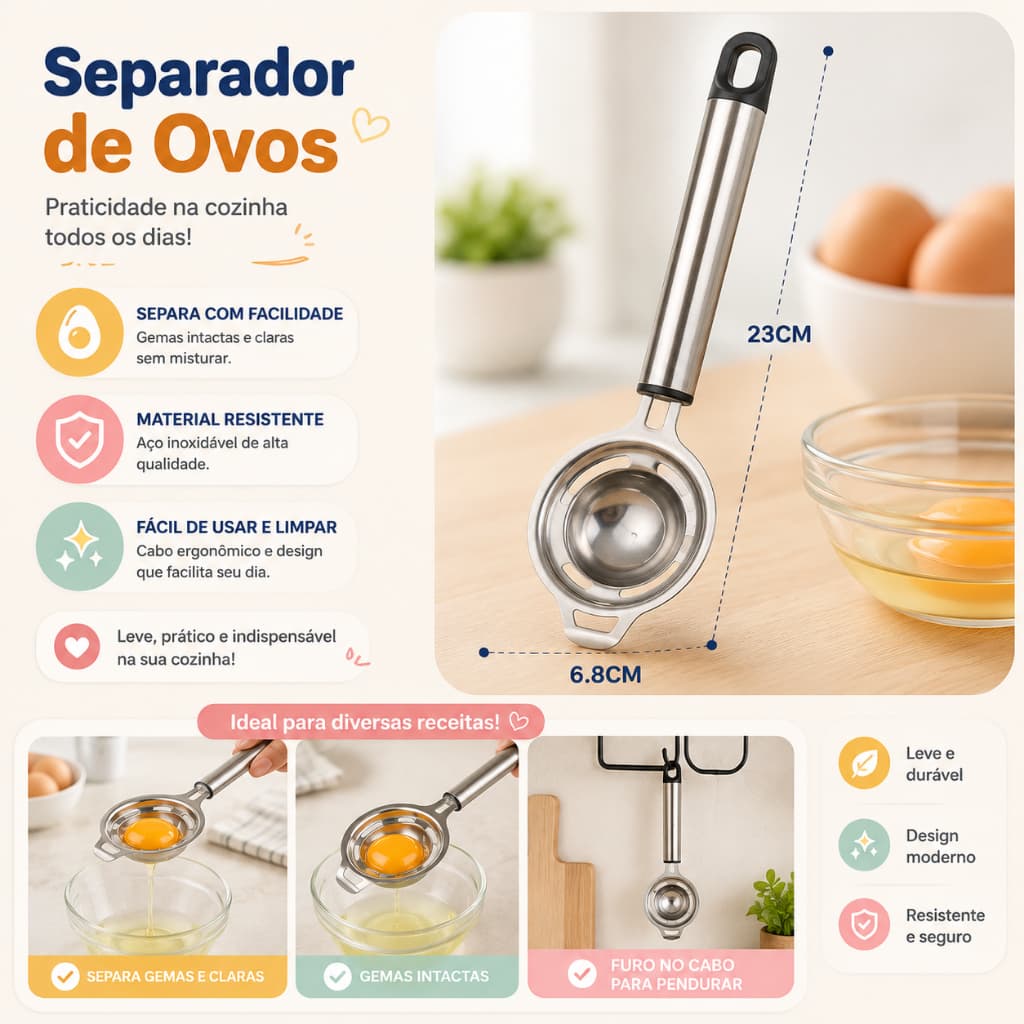 Separador De Ovo Claras E Gemas Luxo Aço Inoxidável Reforçado