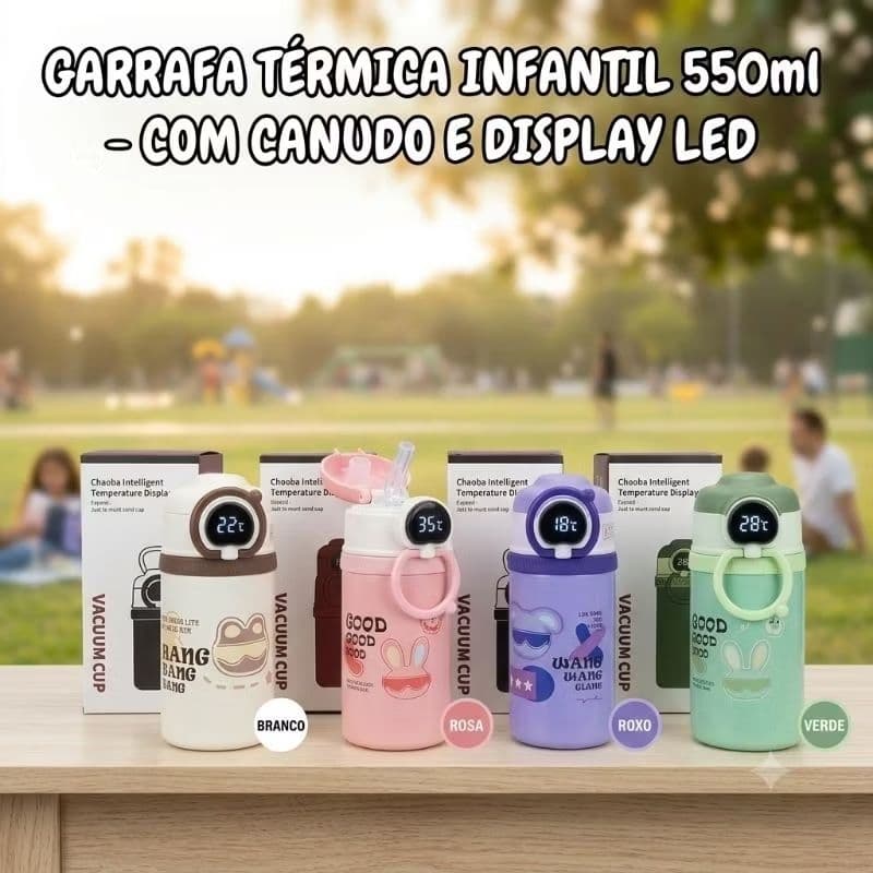 Garrafa Térmica Infantil 550ml Com Canudo Tampa Display Led