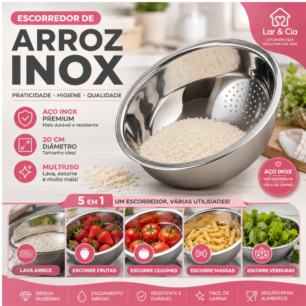 Escorredor de Arroz em Aço Inox 20cm Lava Arroz Frutas Legumes Macarrão Resistente