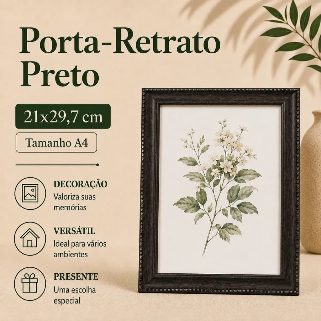Porta-Retrato Preto 21x29,7 cm Tamanho A4 Moderno Moldura Porta-Retrato Preto A4 21x29,7 cm para Foto