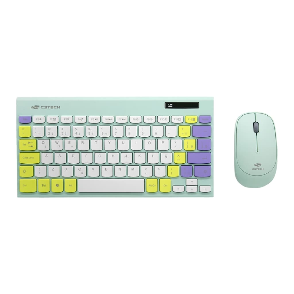 Kit Teclado e Mouse Sem Fio C3Tech K-W71GN TKL Verde, Wireless 2.4GHz, Layout ABNT2, Teclas Chocolate, Multimídia, Nano