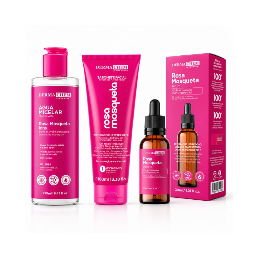 Kit Limpeza Facial 1 Sérum + 1 Sabonete Facial + 1 Água Micelar de Rosa Mosqueta Skincare Clareadora