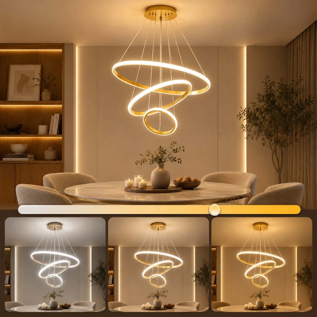 (110V-220V) 300W Lustre Pendente Moderno Led Dourado 3 Anéis 3 Cores Luxo Para Sala De Jantar E Estar -O15