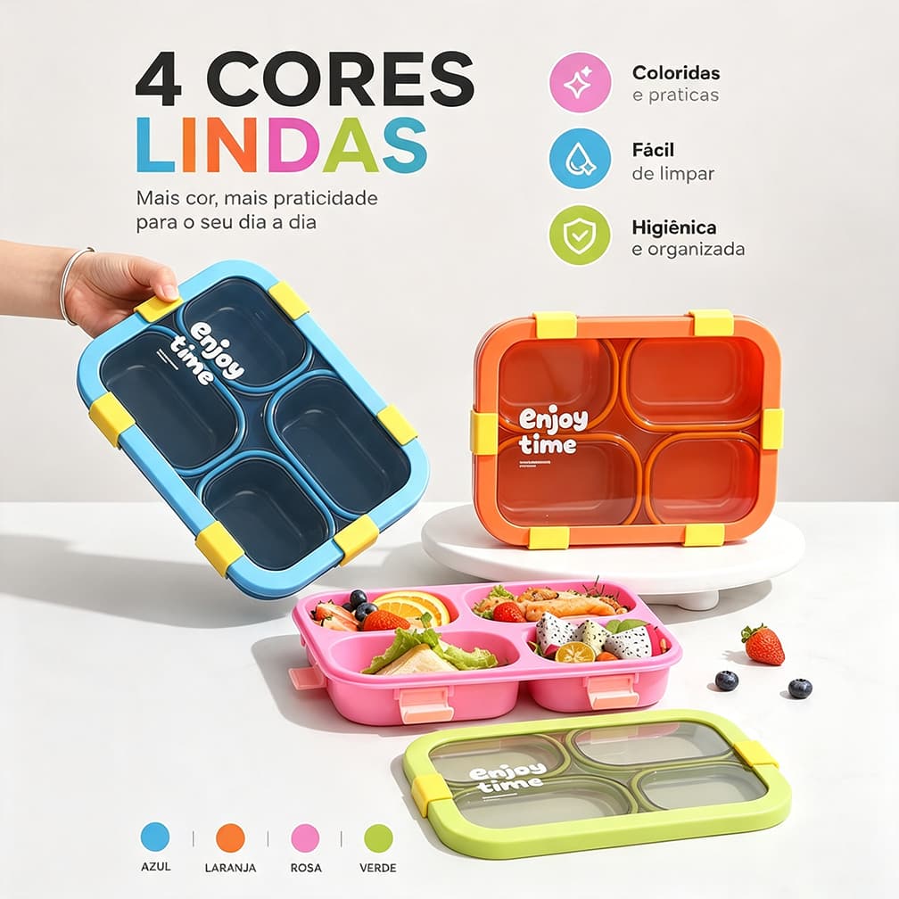 Lancheira Marmita com 4 Compartimentos e Divisórias, Capacidade de 1200ml com Talheres Inclusos, Disponível em 3 Cores!