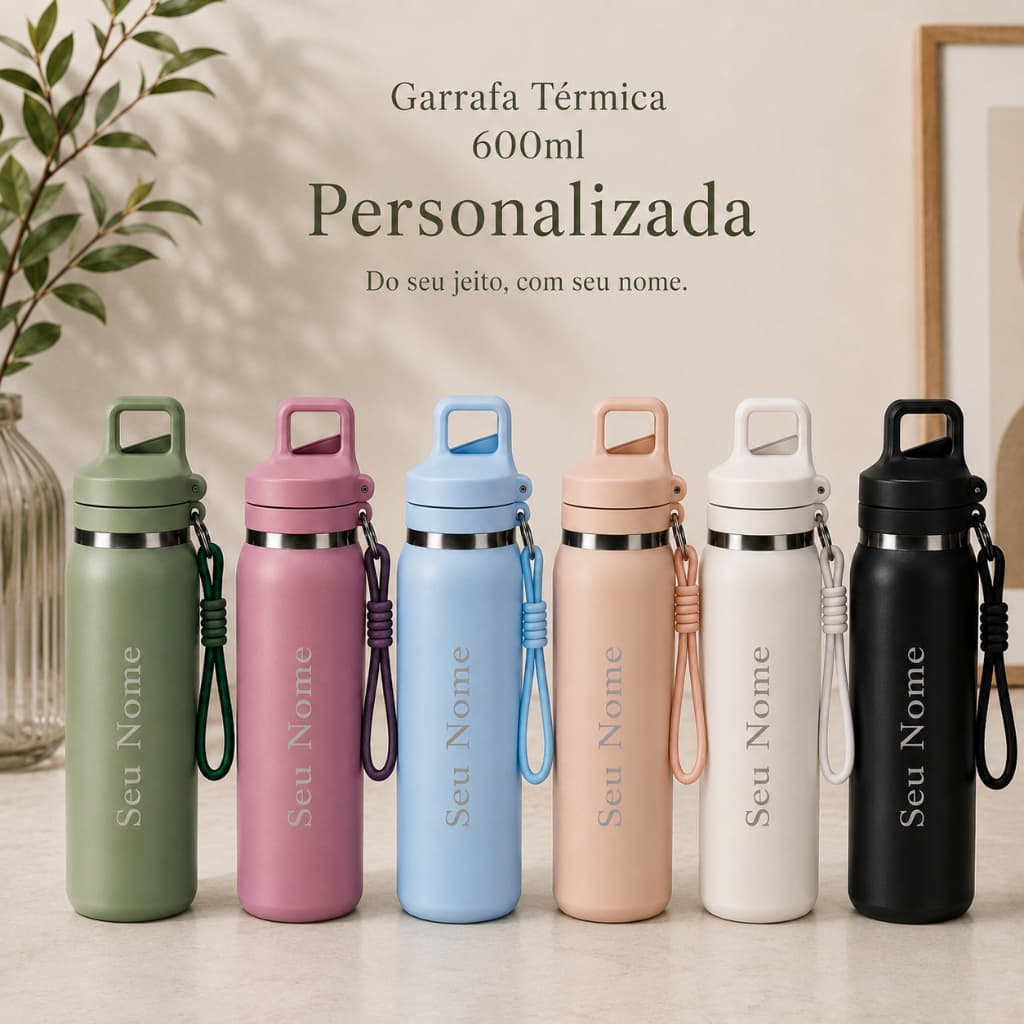 Garrafa Térmica Personalizada Nome 600ml Com Alça e Canudo Inox Parede Dupla Temperatura Quente e Frio Academia Squeeze