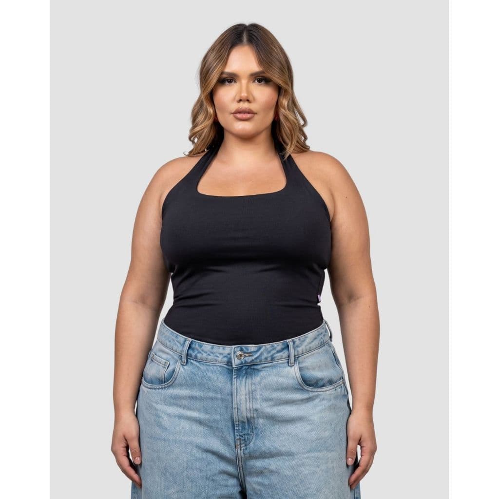Blusa Feminina Plus Size Halter Fitness Forro Duplo Zero Transparência Tecido Premium G1 G2 Decote Quadrado Academia