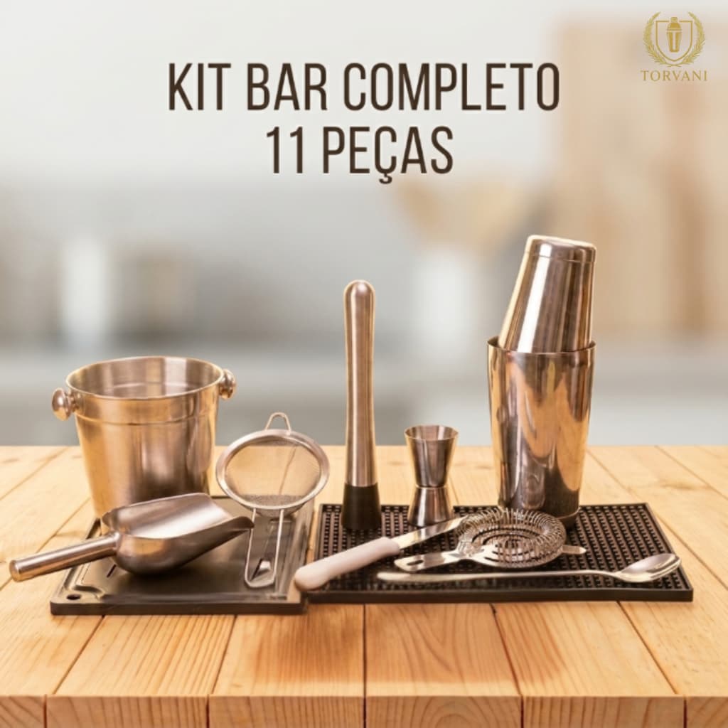Kit Bar Completo 11 Peças Aço Inox - Coqueteleira Boston, Tábua de Corte e Tapete Escorredor Barmat | Envio Imediato