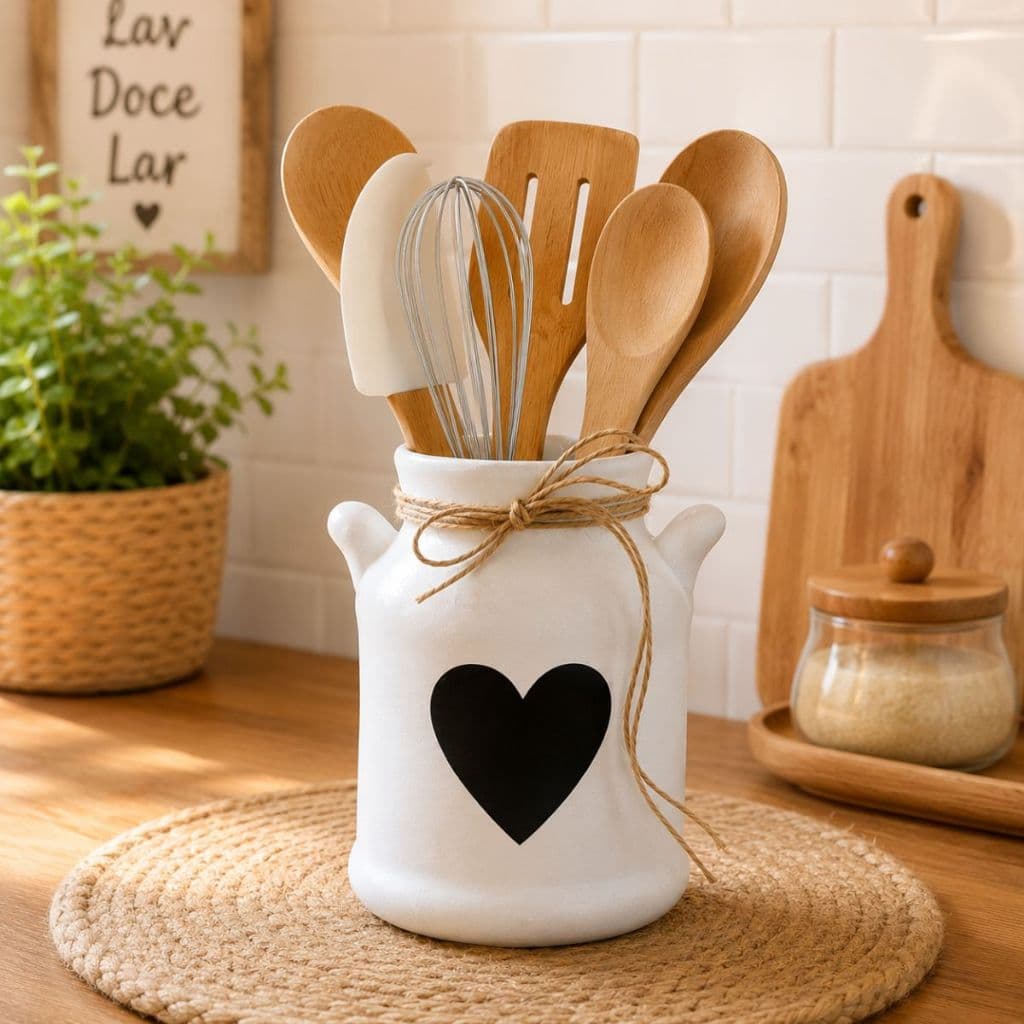 Porta Utensílios em Cerâmica Branco Enfeite Cozinha