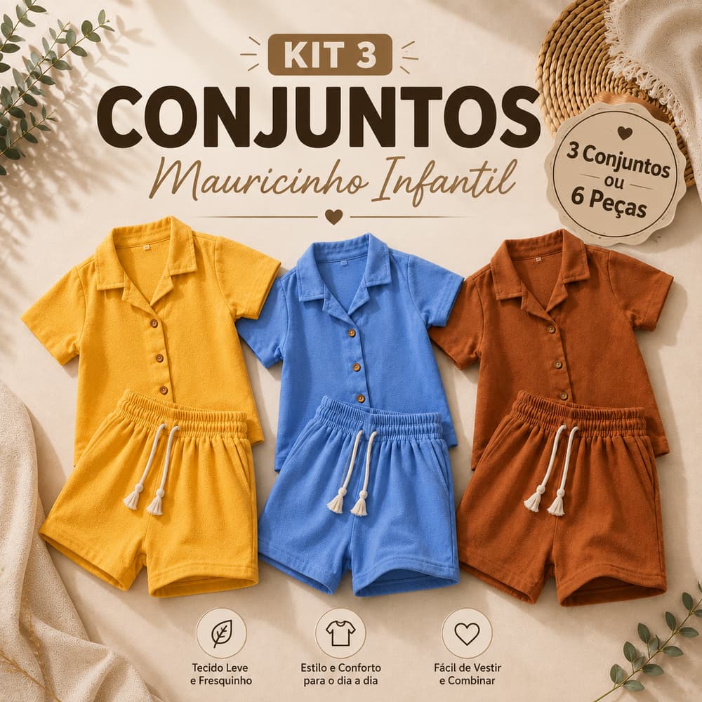 Kit Conjunto Infantil Masculino 3 Peças Mauricinho Verão 1 2 3 4 anos