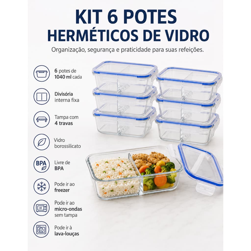Jogo Potes Herméticos de Vidro 1040ml com Divisória Fixa Tampa 4 Travas para Marmita
