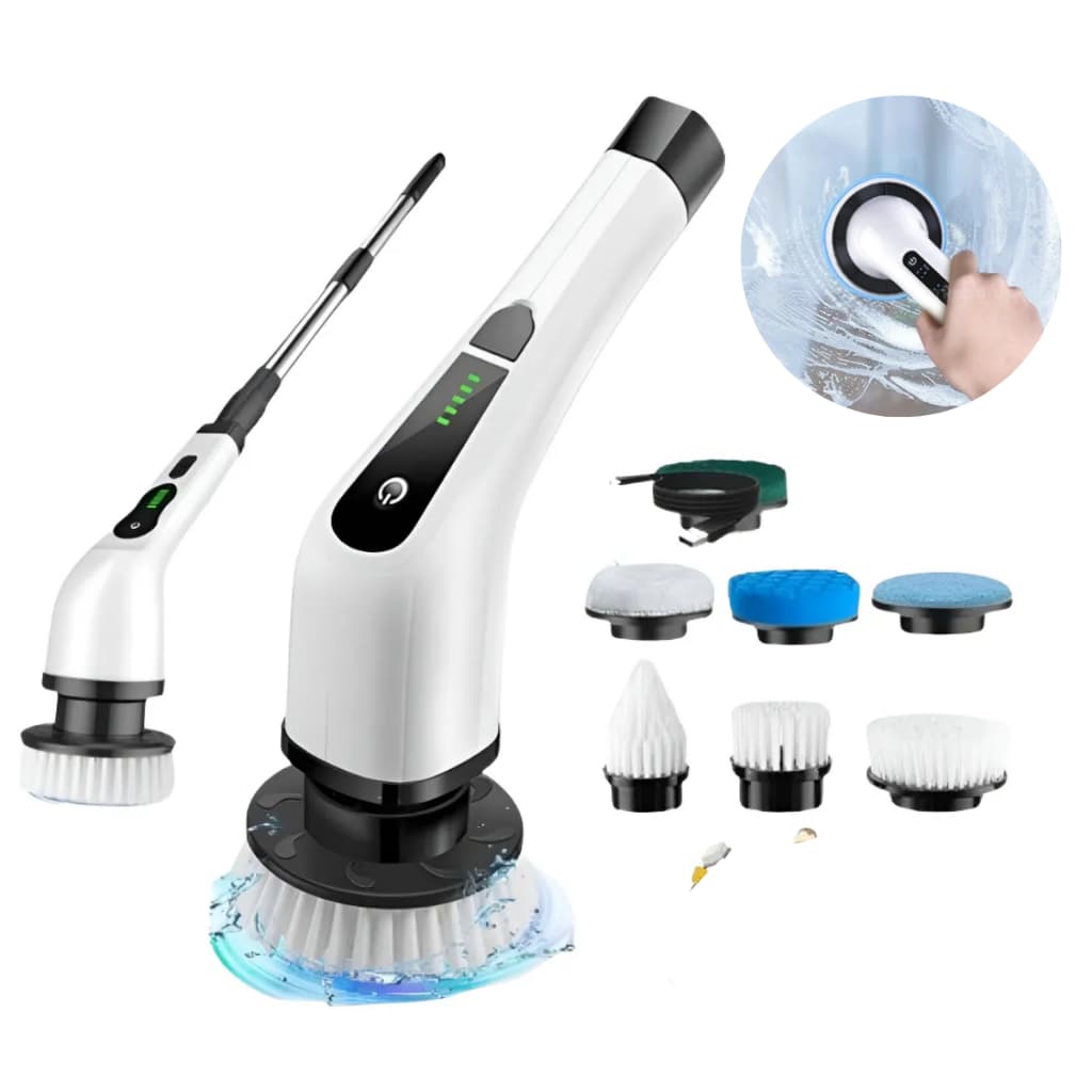 Escova Elétrica de Limpeza Profunda Recarregável 7 em 1 com Cabo Extensor e 6 Escovas Multifuncionais