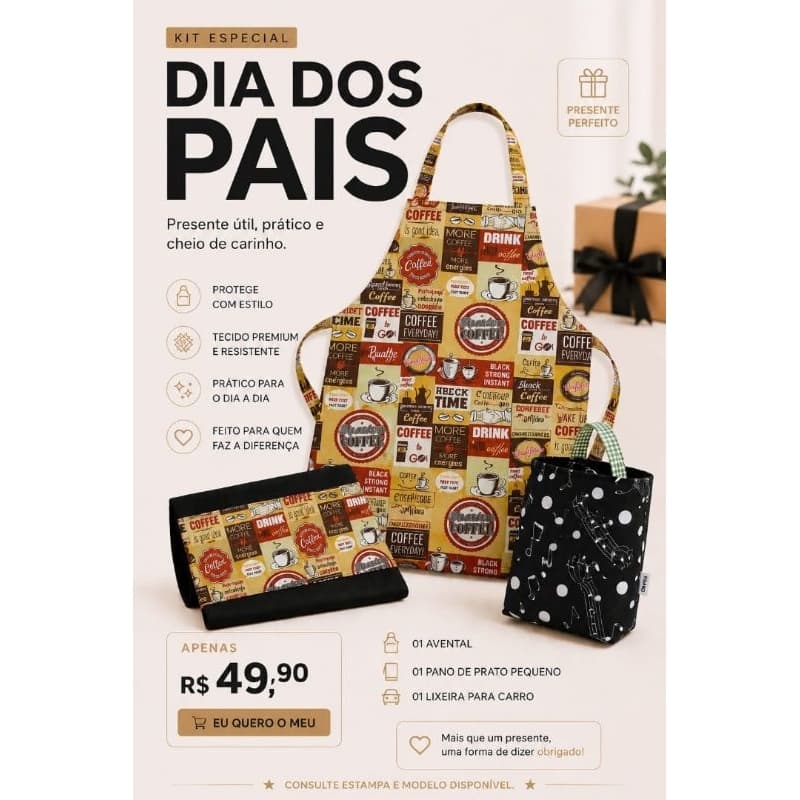 kit com avental, pano de prato decorado preto pequeno e uma lixeira para o carro