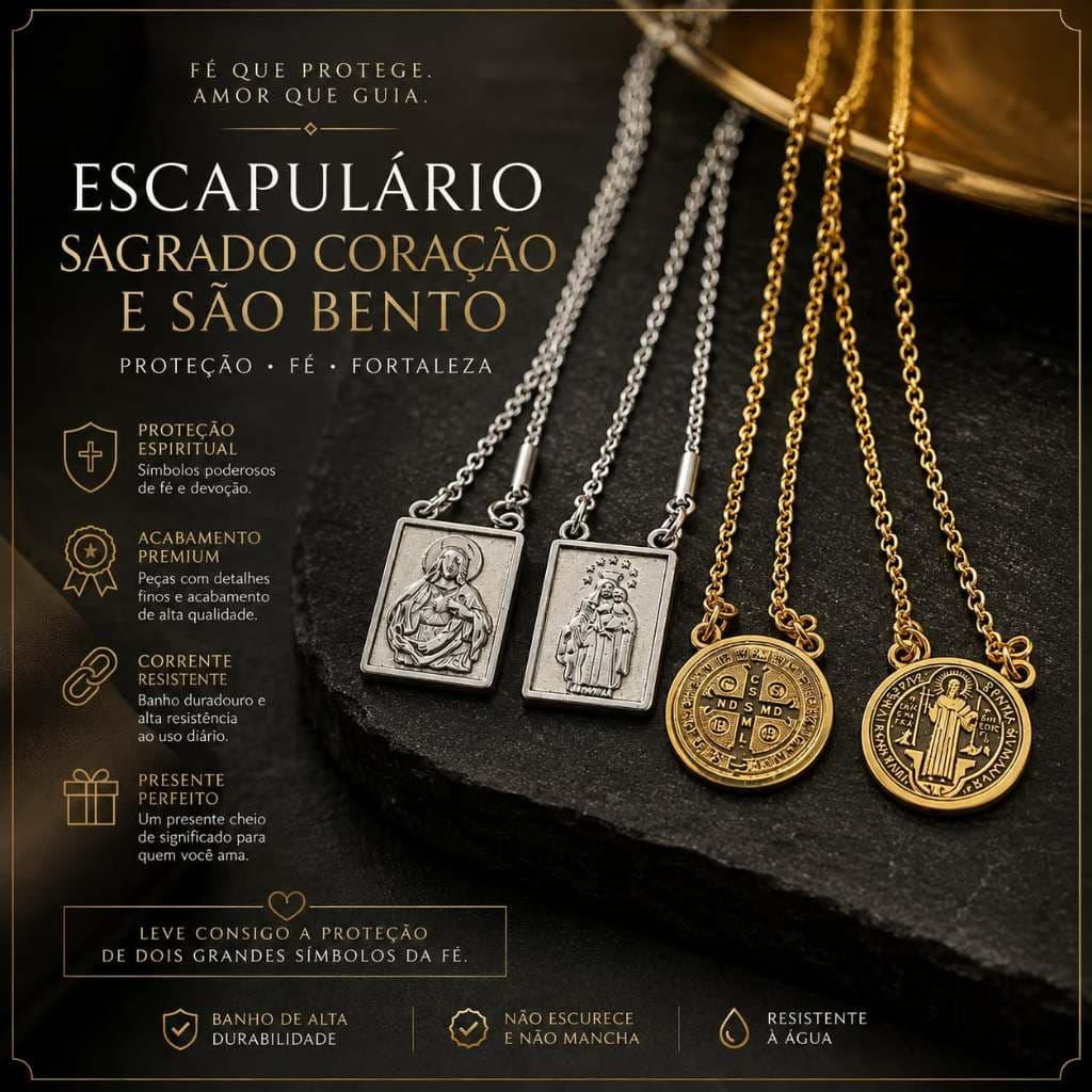 Escapulário Sagrado Coração e São Bento em Aço Inox Colar Inoxidável Artigo Religioso