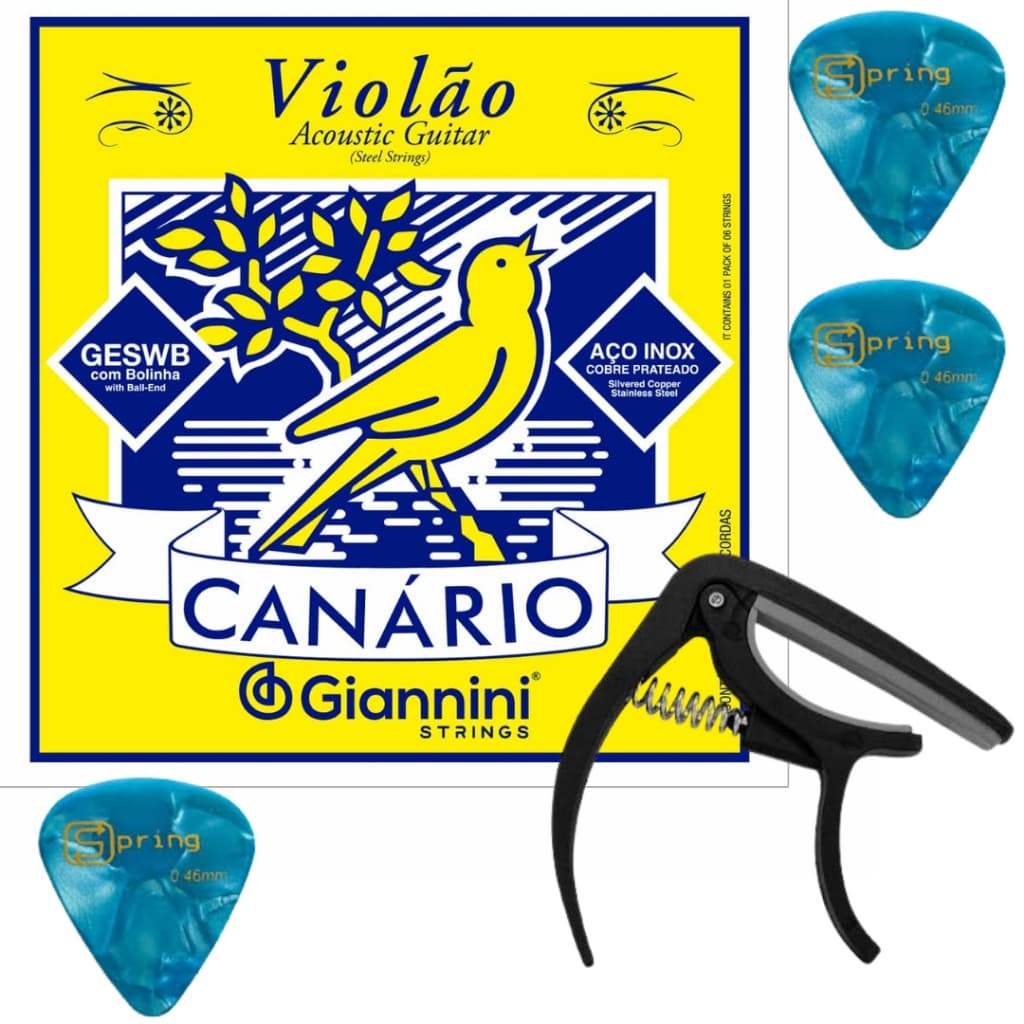 Kit Completo para Violão - Encordoamento Canario Aço + Capotraste + 3 Palhetas