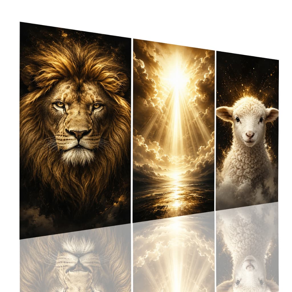 Trio Quadro Decorativo 3 Pçs Leão de Judá Luz Divina Cordeiro Religioso Parede Premium