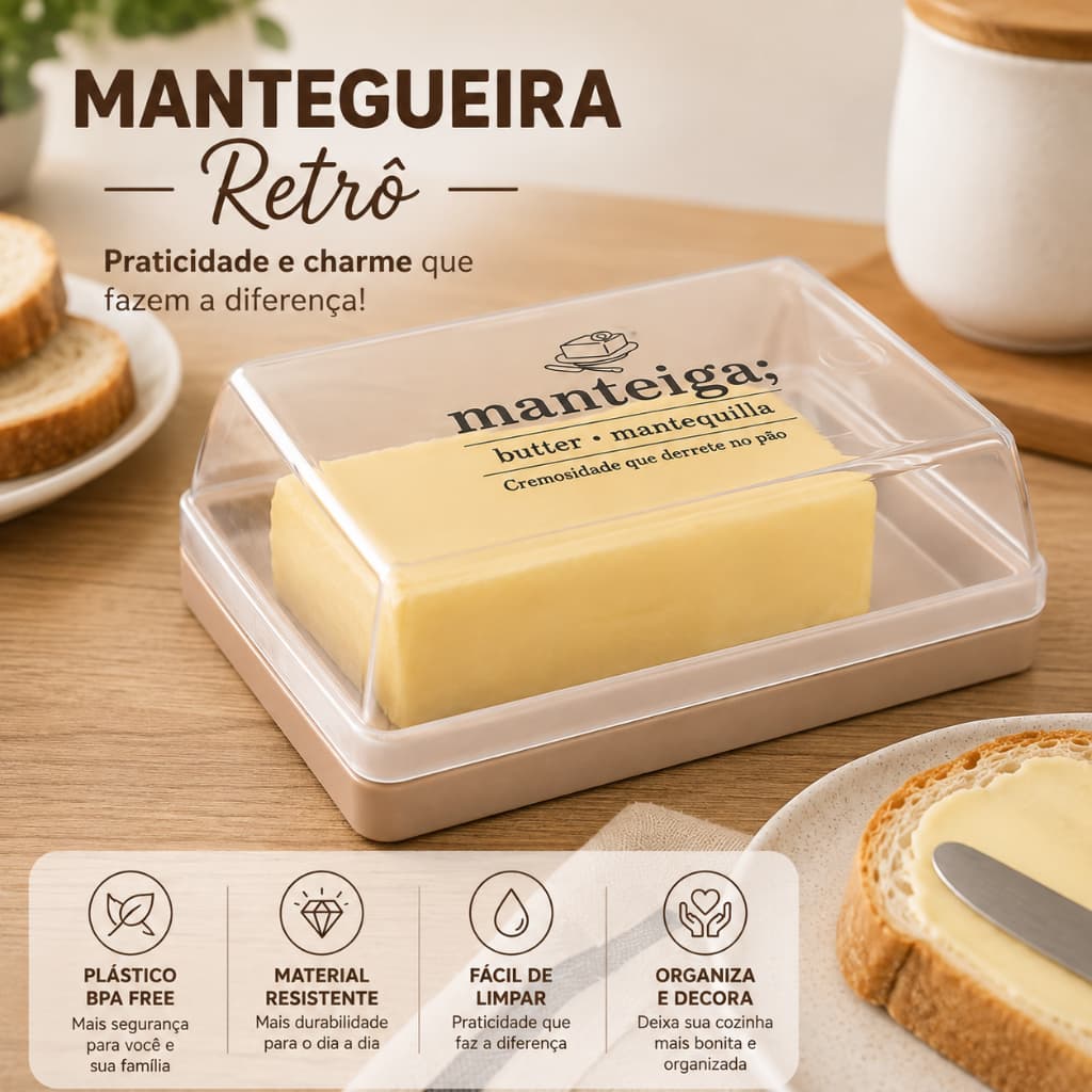 Manteigueira Retrô Plasútil Porta Manteiga com Tampa Transparente BPA Free Resistente