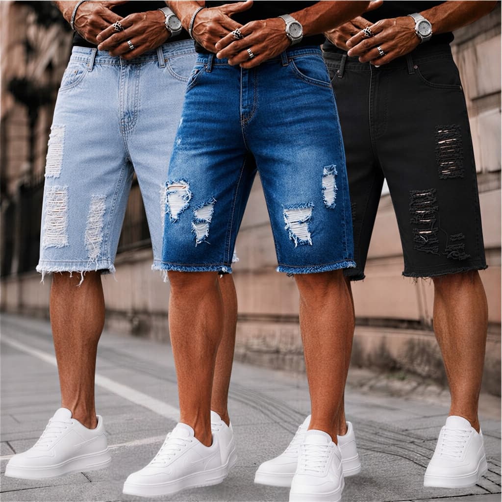 Kit 2 OU 3 Bermuda Jeans Masculina Rasgada Destroyed Premium Moda Verão Tendência Confortável Alta Qualidade Casual