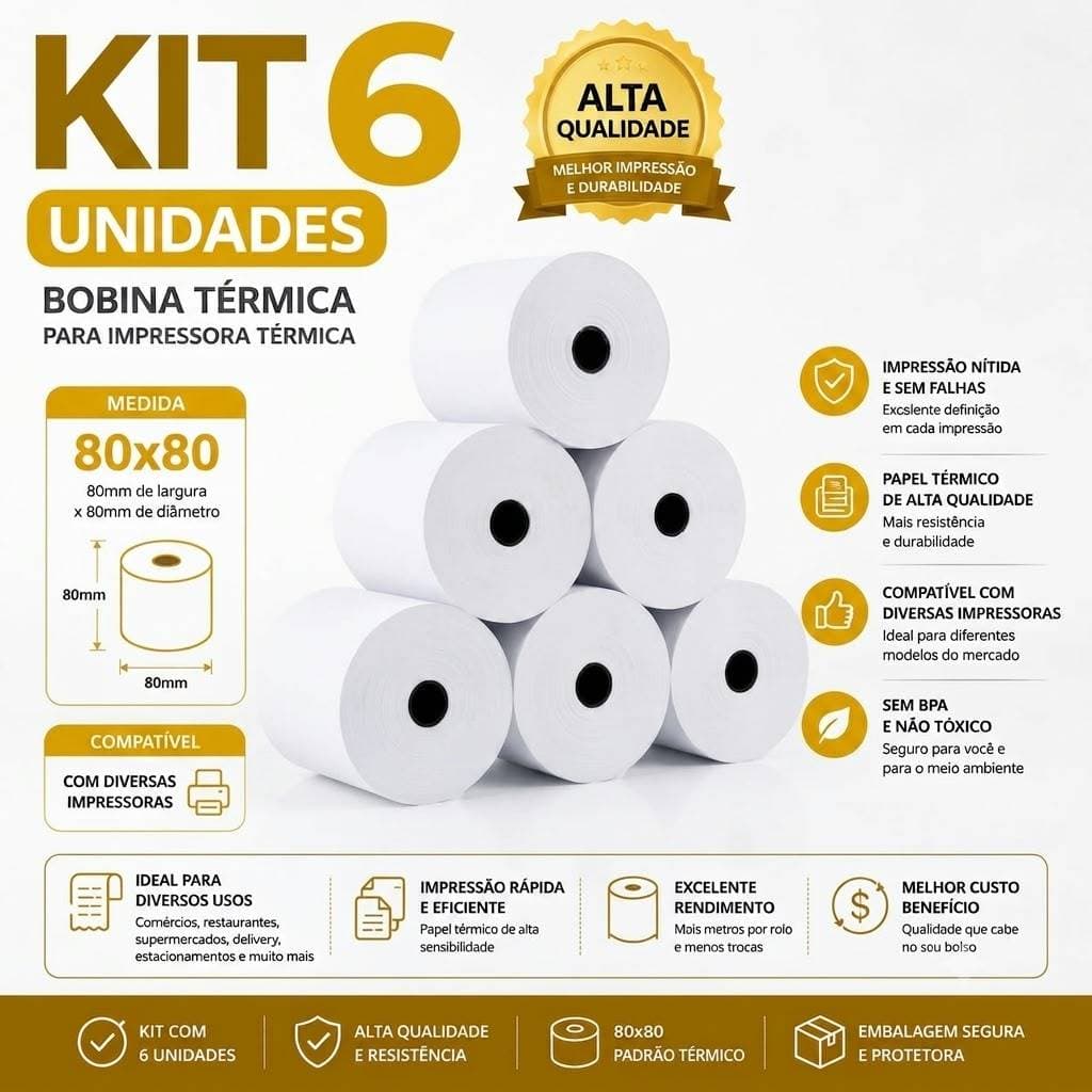 Kit 6 Bobinas Térmicas 80x80 Papel PDV Cupom Fiscal Impressão Nítida Alta Qualidade