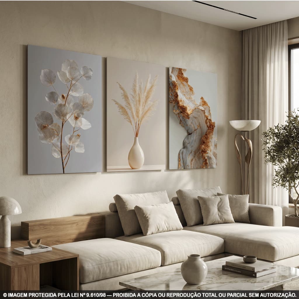 Kit 3 Quadros Decorativos Botânicos Bege e Dourado com Vaso, Folhagens e Mármore