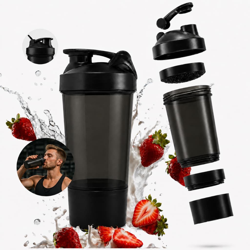 Coqueteleira Shaker Preta 600ml com Porta Suplemento Whey Academia Vedação Segura